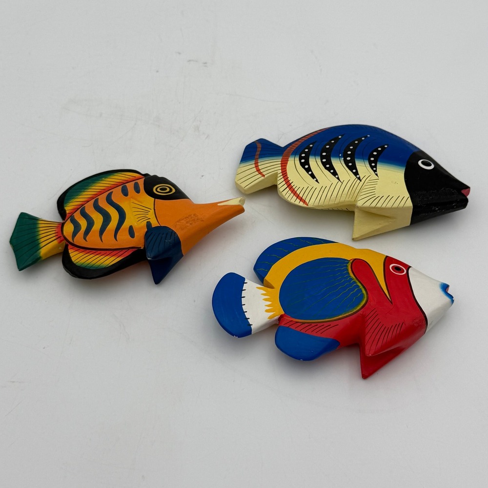 Vintage Hand Painted Wooden Tropical Reef Fish Figurines Set of 3 Coastal Decor